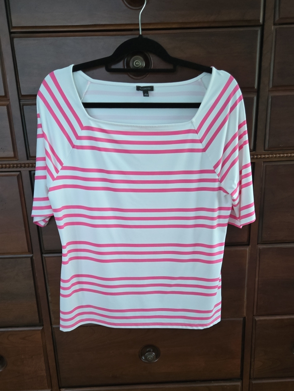 Talbots White and Pink Striped Square Neck Short Sleeve Top Size L. Like new!